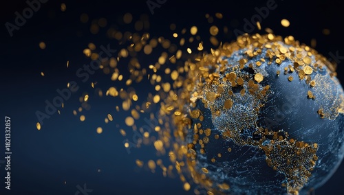 Digital rendering of a globe dissolving into golden coins on a dark blue background