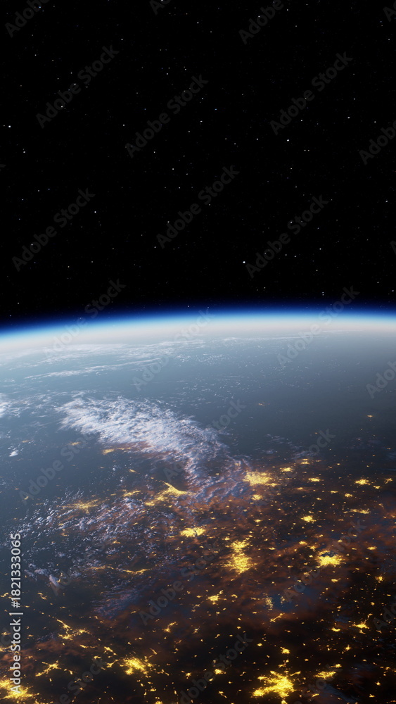 Obraz premium Earth, seen from space at night, displays illuminated cities and dark oceans, showcasing human activity against a cosmic backdrop.