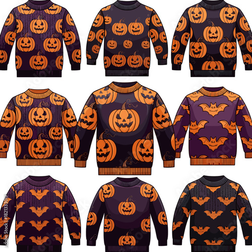 Colorful knitted winter sweaters with Halloween pumpkin and bat patterns  