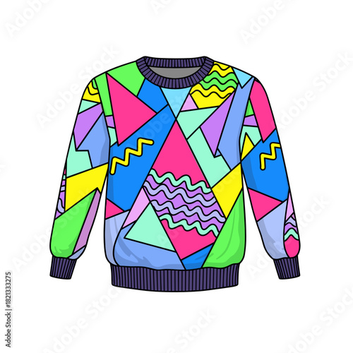 Colorful knitted winter sweater with geometric patterns and shapes  