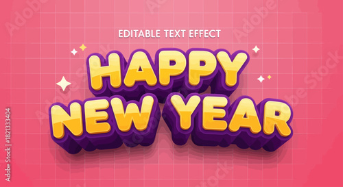 "Happy New Year" text effect in yellow and purple, with sparkles, on a pink grid background.