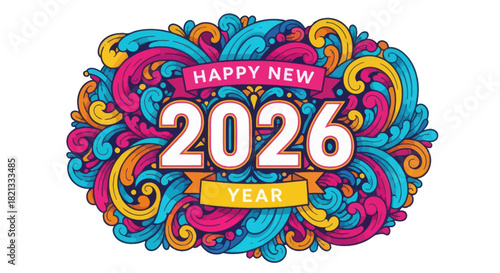 Happy New Year 2026 greeting with colorful, ornate swirls and doodle patterns on a white background.