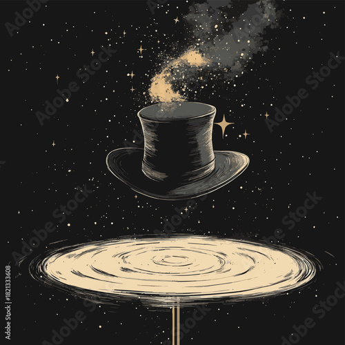 Top hat and cane props floating in zero gravity, surreal minimalist style, palette monochrome black and white with gold accent, vector illustration , vector style simple color