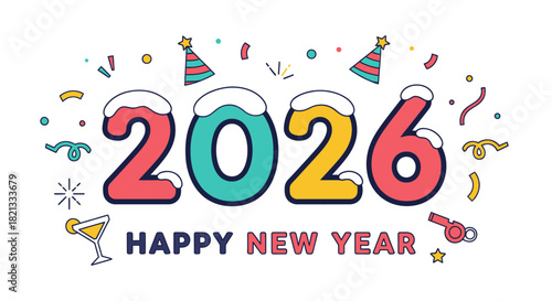 Colorful illustration of the year 2026 with celebratory elements and text, Happy New Year.