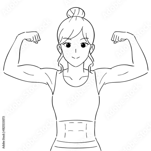筋肉隆々の女性　白黒イラスト