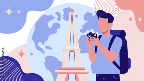 Traveler Taking Photo at Symbolic Landmark – Flat Pastel Illustration