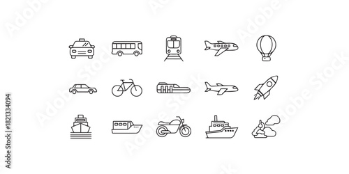 Outline Vector Icons of Car, Bicycle, and Location Services.