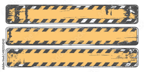 black and yellow caution sign board set. warning templates set in grunge style with black lines, grain, Stains, And scratches, Old vintage board for construction or on the road, or police accident.