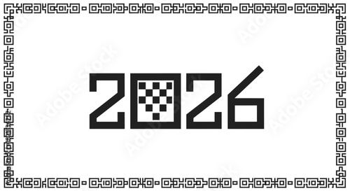The year 2026 displayed in a stylized font, with a checkered pattern in the zero, surrounded by a decorative border.