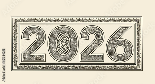 The year 2026 is depicted in a decorative, textured style, framed with an ornamental border, suggesting a celebratory or commemorative theme.