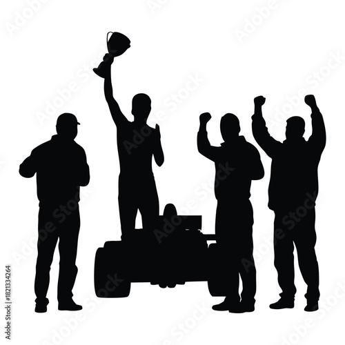 Formula Racing Winner Silhouette Vector Illustration, Race Driver Celebrating Victory with Trophy and Team