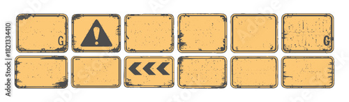 black and yellow caution sign board set. warning templates set in grunge style with black lines, grain, Stains, And scratches, Old vintage board for construction or on the road, or police accident.