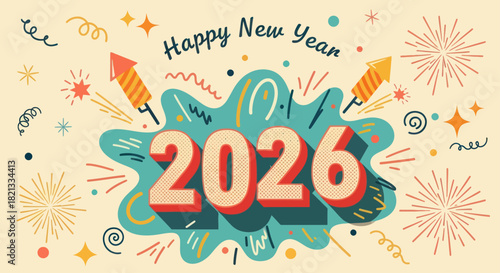 Festive illustration celebrating the new year with fireworks, rockets, and the year 2026.