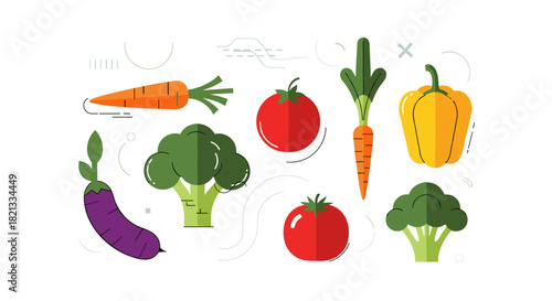 A colorful collection of stylized vegetables in a modern flat design, featuring carrots, broccoli, tomatoes, eggplant, and bell pepper on a white background.