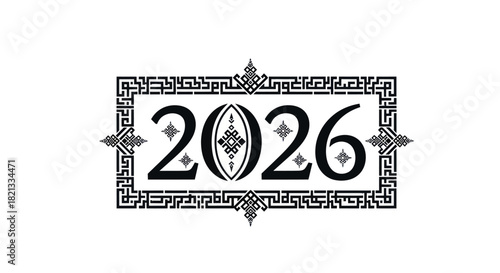 Elegant black 2026 year number featuring an intricately patterned zero enclosed within a decorative frame.