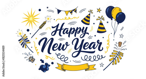 Festive illustration with "Happy New Year" text, fireworks, and celebratory decorations.