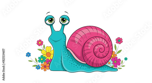 A cheerful cartoon snail with a blue body and a vibrant pink shell smiles amidst a colorful bed of flowers, showcasing a joyful garden scene.