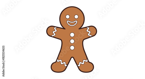 A delightful illustration of a happy gingerbread man cookie with white icing details, including a smiling face and decorative buttons, on a white background.