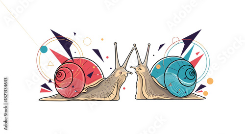 Two stylized snails with vibrant red and blue shells face each other, surrounded by abstract geometric shapes and lines, on a white background.