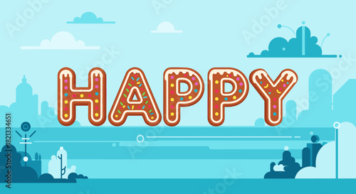 The word HAPPY spelled out with festive gingerbread cookie letters against a cheerful flat-design blue landscape.