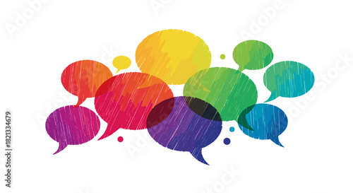 A vibrant collection of overlapping, hand-drawn speech bubbles in a rainbow spectrum, symbolizing dynamic communication and the exchange of ideas.