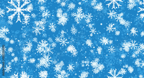 A vibrant blue background is adorned with numerous falling white snowflakes of varying sizes and levels of focus, capturing the essence of winter.