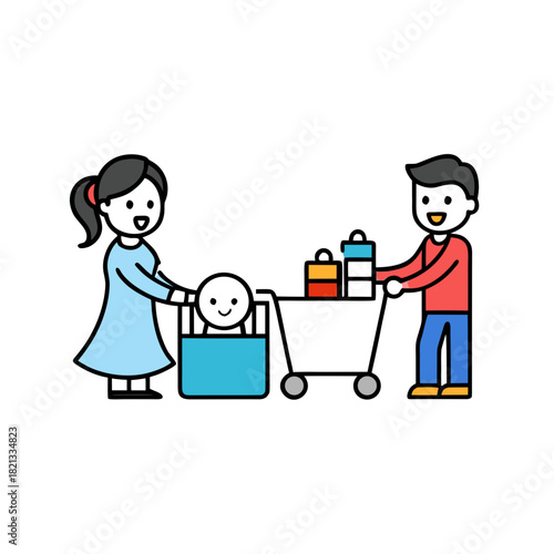 Family shopping together with a child in a cart and groceries isolated on white background