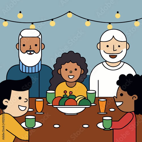 Diverse family enjoying a festive meal together under string lights isolated on white background