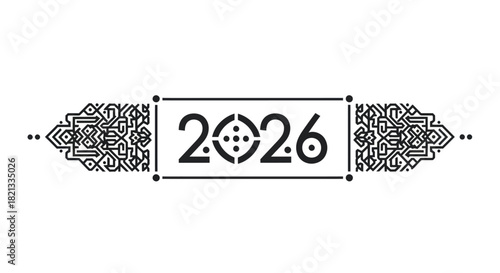 Stylized number 2026 with a target symbol for the zero, framed by intricate black ornamental designs.
