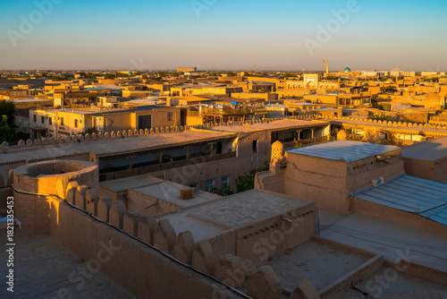 Golden sunset light over Itchan Kala, the UNESCO walled city in Khiva, Uzbekistan
