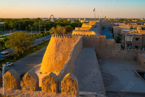 Golden sunset light over Itchan Kala, the UNESCO walled city in Khiva, Uzbekistan