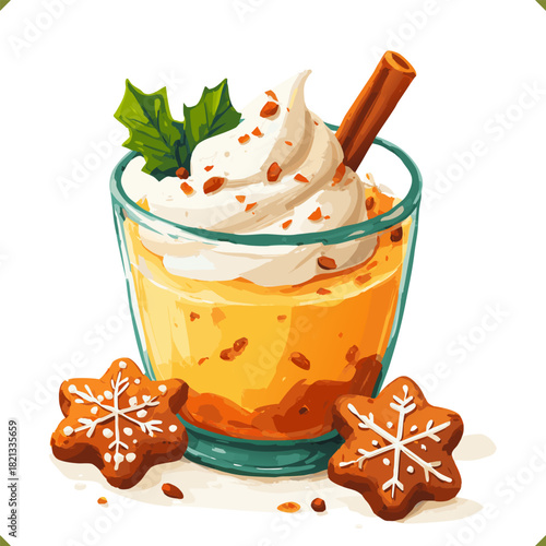 Vector illustration of glass of eggnog with cinnamon stick, gingerbread cookies, isolated on a white background. Vector illustration of traditional winter beverage and dessert on white background