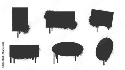 Spray paint graffiti stencil frames. Black airbrushing paint banner, stenciling backdrop and spray paint texture borders. Torn spray paint frames and grunge callouts featuring jagged edges, rectangle.