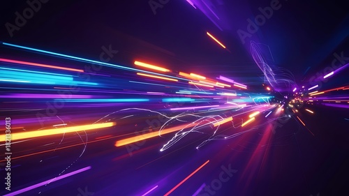Abstract bright speed light streaks in purple, blue, and yellow hues across dark space