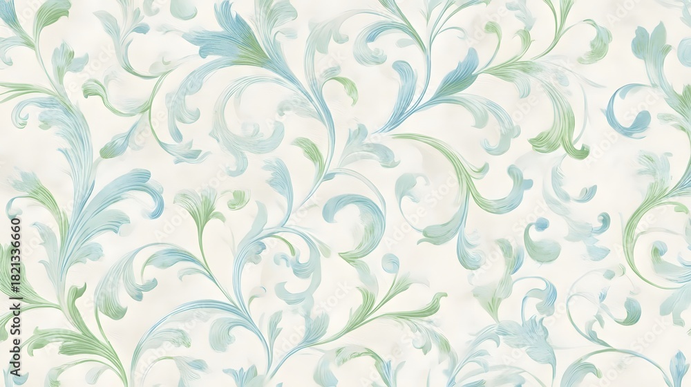 Fototapeta premium Elegant watercolor floral scrollwork design in soft blue and green hues ideal for decorative backgrounds wallpapers and textiles creating a delicate and classic aesthetic