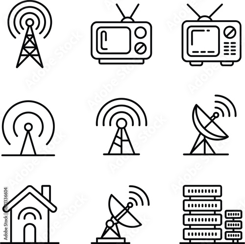 Communication infrastructure cartoon vector set, radio towers, satellite dishes, vintage TVs, servers, signal icons, flat illustration, side view