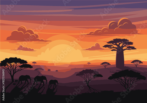 African Sunset Landscape Silhouette of Elephants and Trees Under an Orange Sky