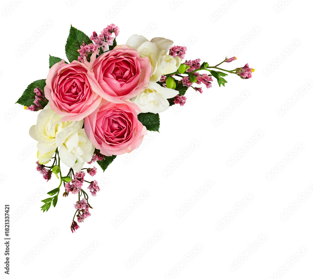 Fototapeta premium Festive arrangement with pink roses, limonium and freesia flowers isolated on white or transparent background. Top view. Flat lay.