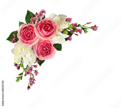 Festive arrangement with pink roses, limonium and freesia flowers isolated on white or transparent background. Top view. Flat lay.