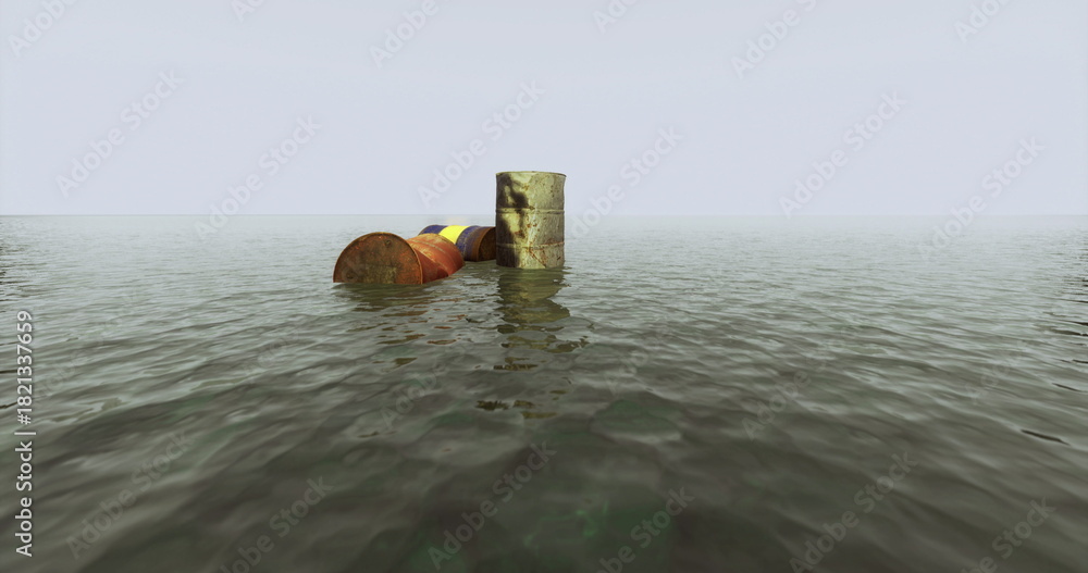 Naklejka premium Colorful barrels rest peacefully on the surface of calm water, creating a tranquil scene. The sky is overcast, adding a muted atmosphere to the coastal view.