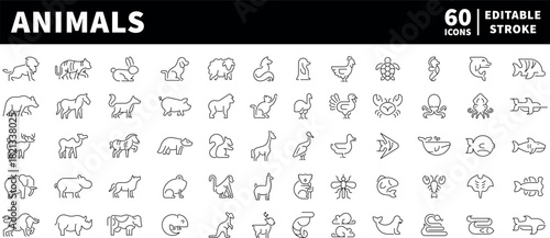 Animals line icons. Set of outline icons related to animals and pets. Animals thin line icons collection. Animal logo set