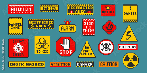 Safety pixel art sign, warning signs in pixel style. 8-bit danger symbols. 