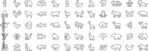 Animals  linear shapes collection. Animals icons in line style. Animals linear icons set. Outline icons related to animals and pets.