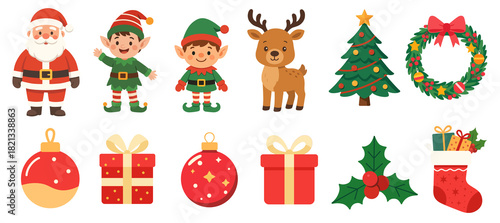 Christmas characters and objects illustrations set. Cute cartoon clipart for Christmas decorations