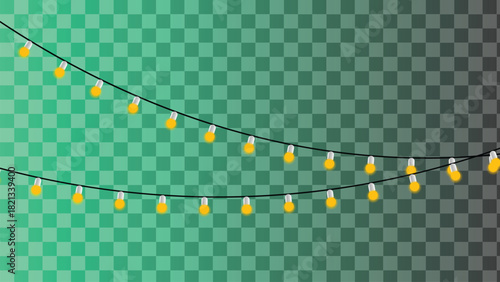 String of glowing yellow party light bulbs hanging on a dark wire