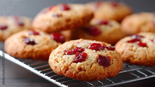 Close up of delicious rustic baked cranberry cookies with visible red fruit and sugar crystals presented on a wire cooling rack perfect for a homemade treat