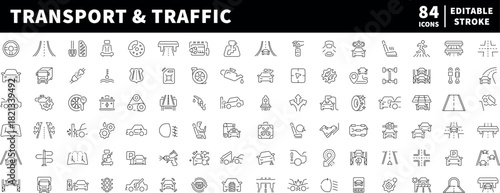 Traffic and transport vector icons in line style. Automobile vector icons in line style. Automotive icons collection. Transport related icons collection