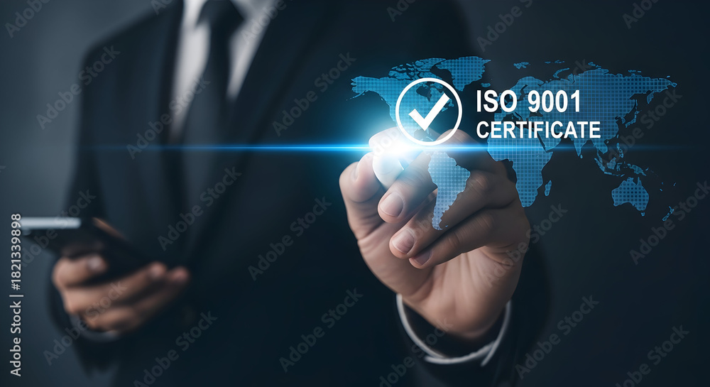 Fototapeta premium A modern businessman displays an ISO 9001 certificate on a digital interface, representing quality assurance and international standards for success.