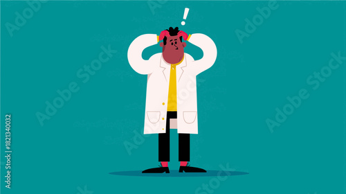 A scientist stands with a puzzled look, hands on his head, and an expression of surprise. The background is a vibrant teal, accentuating his concern about a new discovery or problem.
