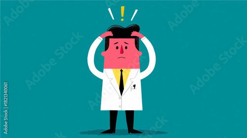 A scientist stands with a puzzled look, hands on his head, and an expression of surprise. The background is a vibrant teal, accentuating his concern about a new discovery or problem.